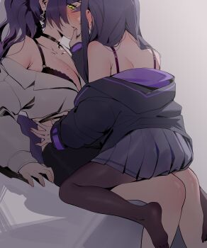 2girls absurdres animal_ear_fluff bare_shoulders black_bra black_choker black_hair black_jacket black_skirt blush bra breasts brown_pantyhose choker cleavage cropped_jacket ear_blush earrings finger_to_mouth fox_girl fox_tail grey_skirt hair_between_eyes highres hood hooded_jacket illian-san jacket jewelry ksp_(vtuber) large_breasts lips long_hair long_sleeves meridian_project midriff miniskirt mole mole_on_breast multiple_girls nose_blush off_shoulder pantyhose parted_lips pleated_skirt purple_bra purple_tail seki_(vtuber) single_bare_shoulder sitting sitting_on_lap sitting_on_person size_difference skirt tail underwear virtual_youtuber yellow_eyes yuri