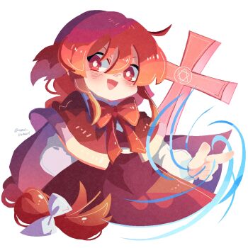 Rule 34 | 1girl, :d, blush, bow, bowtie, capelet, commentary request, cropped legs, cross, hair between eyes, highres, long braid, long hair, long sleeves, looking at viewer, mame komari, no lineart, okazaki yumemi, open mouth, red bow, red bowtie, red capelet, red eyes, red hair, red skirt, red vest, shirt, simple background, skirt, smile, solo, touhou, touhou (pc-98), twitter username, very long hair, vest, white background, white shirt