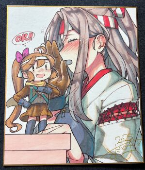 1girl brown_gloves commentary english_commentary fairy_(kancolle) gloves grey_hair hachimaki headband highres japanese_clothes kantai_collection kimono ponytail sadakuma shikishi solo_focus traditional_media white_kimono zuihou_(kancolle)