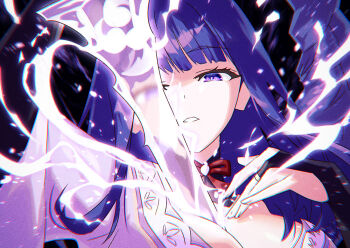 1girl arm_up asymmetrical_sleeves blunt_bangs braid breasts bridal_gauntlets cleavage commentary drawing_sword electricity floating_hair genshin_impact glowing glowing_sword glowing_weapon hair_floating_upwards head_tilt holding holding_sword holding_weapon huge_breasts human_scabbard japanese_clothes kimono long_braid long_hair looking_at_viewer mitsudomoe_(shape) mole mole_under_eye multicolored_hair musou_isshin_(genshin_impact) off_shoulder parted_lips purple_eyes purple_hair purple_kimono raiden_shogun single_braid solo streaked_hair sword sword_between_breasts teeth tomoe_(symbol) uneven_sleeves upper_teeth_only weapon wide_sleeves yagi2013