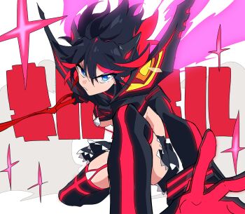 1girl black_hair blue_eyes breasts commentary_request highres kill_la_kill life_fiber living_clothes matoi_ryuuko mg_nemuio multicolored_hair red_streaks school_uniform scissor_blade_(kill_la_kill) senketsu serafuku short_hair solo streaked_hair suspenders