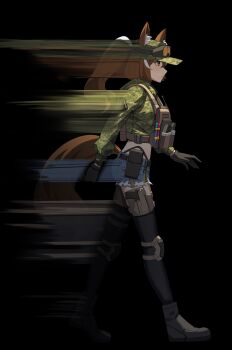 1girl absurdres animal_ears black_background black_boots black_gloves black_thighhighs blue_shorts boots brown_eyes brown_hair bulletproof_vest callisto_(greyeth) closed_mouth commentary commission ears_through_headwear english_commentary fox_ears fox_girl fox_tail from_side full_body gar32 gloves goggles goggles_on_headwear green_hat green_jacket gun hat highres jacket knee_guards long_hair long_sleeves looking_ahead midriff motion_blur multicolored_hair original ponytail pouch profile second-party_source short_shorts shorts simple_background solo streaked_hair tail thighhighs walking weapon weapon_in_legwear white_streaks