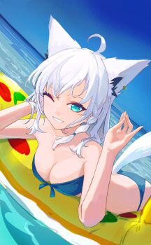 1girl absurdres ahoge animal_ear_fluff animal_ears aqua_eyes bare_shoulders bikini blue_bikini blue_sky braid breasts cleavage commentary_request earrings fox_ears fox_girl fox_shadow_puppet fox_tail hair_between_eyes hair_ornament highres hololive jewelry large_breasts light_blush long_hair looking_at_viewer one_eye_closed shirakami_fubuki single_earring sky strapless strapless_bikini string_bikini suna_yosshii swimsuit tail virtual_youtuber water white_hair