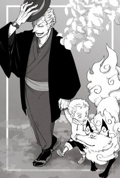 2boys animal chabo_(niwatori_bosori) closed_eyes commentary family full_body greyscale haori hat highres holding holding_hands holding_unworn_clothes holding_unworn_hat hood hoodie japanese_clothes kimono monochrome multiple_boys one_piece onimaru_(one_piece) roronoa_zoro sash shimotsuki_ushimaru sideburns socks unworn_hat unworn_headwear walking watch wristwatch