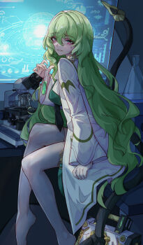 Rule 34 | 1girl, 2569659838, absurdres, black necktie, breasts, chinese commentary, coat, commentary request, earrings, green eyes, green hair, green shirt, hair between eyes, highres, holding, holding test tube, holographic monitor, honkai (series), honkai impact 3rd, indoors, jewelry, laboratory, large breasts, large variant set, long hair, mechanical tentacles, microscope, mobius (honkai impact), mobius (pre-surgery) (honkai impact), multicolored eyes, necktie, parted lips, pink eyes, shirt, sitting, slit pupils, solo, suitcase, test tube, thighhighs, two-tone eyes, variant set, very long hair, white coat, white thighhighs