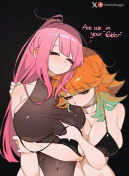 2girls alternate_costume artist_name blush breasts cleavage couple earrings feather_earrings feathers gradient_hair greatodoggo green_hair highres hololive hololive_english jewelry large_breasts long_hair looking_at_viewer mori_calliope multicolored_hair multiple_girls open_mouth orange_hair panties patreon_logo patreon_username pink_hair purple_eyes takanashi_kiara twitter_logo twitter_username underwear virtual_youtuber yuri