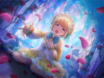 1girl beauty_(fairy_tale_character) beauty_(fairy_tale_character)_(cosplay) beauty_and_the_beast_(fairy_tale) blue_bow bow brown_hair cosplay crying crying_with_eyes_open detached_sleeves dress falling_petals flower frilled_sleeves frills game_cg kobato_ryouko looking_at_viewer official_art open_mouth petals purple_eyes reaching reaching_towards_viewer red_flower red_rose rose short_hair shoujo_kageki_revue_starlight shoujo_kageki_revue_starlight_-re_live- sitting solo tears wariza yellow_dress