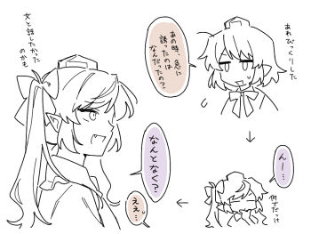 Rule 34 | 2girls, bow, bowtie, closed eyes, collared shirt, colored speech bubble, commentary request, fang, frilled shirt collar, frills, greyscale, hair bow, hat, himekaidou hatate, monochrome, multiple girls, open mouth, pointy ears, sakic43899, shameimaru aya, shirt, smile, speech bubble, sweatdrop, tokin hat, touhou, translation request, twintails