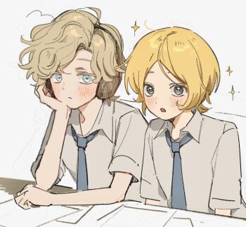 2girls :o alternate_costume blonde_hair blue_eyes blue_necktie curly_hair elbows_on_table expressionless grey_eyes hair_intakes head_on_hand headphones identity_v light_blush looking_at_viewer middle_part multiple_girls necktie no_headwear shirt short_hair side_part sitting sparkle tracy_reznik ttptg6 upper_body wendy_foote white_shirt