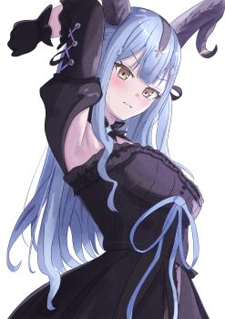 Rule 34 | 1girl, absurdres, arknights, armpit cutout, armpits, arms up, azakura (beniyomogi), bang dream!, bang dream! it's mygo!!!!!, black gloves, black hair, blue hair, blush, breasts, clothing cutout, commentary request, gloves, highres, horns, long hair, looking at viewer, medium breasts, presenting armpit, simple background, solo, togawa sakiko, togawa sakiko (master of melodia), white background, yellow eyes