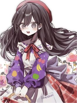Rule 34 | 1girl, :d, apple print, apron, back bow, banana print, basket, beret, black eyes, black hair, blush, bow, bowtie, collared shirt, commentary, double-parted bangs, floating hair, flower, food print, frilled shirt collar, frills, fruit print, grape print, grid print, hair between eyes, hanabata0320, hat, highres, holding, holding basket, long hair, long sleeves, looking at viewer, mari (faraway) (omori), mari (omori), omori, open mouth, orange print, print shirt, puffy long sleeves, puffy sleeves, purple bow, purple shirt, red bow, red bowtie, red hat, red skirt, shirt, skirt, smile, solo, star (symbol), star print, strawberry print, symbol-only commentary, teeth, twitter username, upper teeth only, white apron, white background