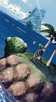 1boy 2024 absurdres blonde_hair blue_sky boat boots coconut coconut_tree dated dutch_angle fairy giant_turtle_(zelda) great_bay_temple gus_uur hat highres hurricane link nintendo ocean outdoors palm_tree shield shield_on_back sky standing sword tatl temple the_legend_of_zelda the_legend_of_zelda:_majora&#039;s_mask tree tunic turtle water watercraft weapon