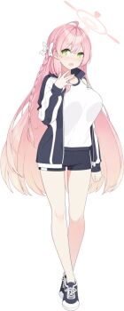 1girl :o ahoge arm_at_side black_jacket black_shoes black_shorts blue_archive blush bow braid breasts cross-laced_shoes crossed_ankles double-parted_bangs female_focus full_body game_asset gradient_hair green_eyes gym_uniform hair_bow halo hanako_(blue_archive) hand_up hwansang jacket large_breasts large_variant_set legs long_hair long_sleeves looking_to_the_side multicolored_hair nose_blush official_art open_clothes open_jacket open_mouth pink_hair pink_halo shirt shirt_tucked_in shoes short_shorts shorts sidelocks sideways_glance simple_background single_braid solo standing tachi-e thighs third-party_source track_jacket transparent_background variant_set very_long_hair white_bow white_shirt