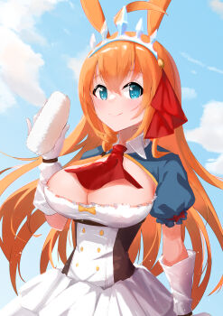 absurdres ascot blue_eyes blue_sky braid breasts closed_mouth cloud cloudy_sky day food gloves hair_ribbon highres large_breasts long_hair onigiri orange_hair outdoors pecorine_(princess_connect!) princess_connect! puffy_sleeves red_ascot red_ribbon ribbon skirt sky smile solo tiara tsuki_no_yoake very_long_hair white_gloves