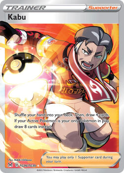 1boy artist_name black_gloves card_(medium) character_name company_name copyright_name copyright_notice dynamax_band english_text fire gloves grey_hair ishikawa_hideki kabu_(pokemon) male_focus mature_male nintendo official_art open_mouth open_poke_ball partially_fingerless_gloves poke_ball pokemon pokemon_card pokemon_swsh pokemon_tcg red_shirt shirt short_hair single_glove solo sparkle teeth third-party_source throwing throwing_poke_ball towel towel_around_neck trading_card ultra_ball v-shaped_eyebrows