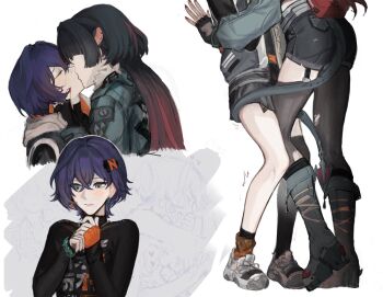 2girls animal_ear_piercing animal_ears belle_(zenless_zone_zero) black_gloves black_pantyhose black_shirt black_shorts black_thighhighs blue_eyes blue_hair blush boots closed_eyes closed_mouth commentary earrings fingerless_gloves gloves grey_boots grey_skirt hair_ornament hand_on_another&#039;s_face hashtag-only_commentary highres jane_doe_(zenless_zone_zero) jewelry kiss knee_boots leg_between_thighs letter_hair_ornament mouse_ears mouse_girl mouse_tail multiple_girls orange_gloves pantyhose shirt short_hair shorts single_glove single_leg_pantyhose single_thighhigh skirt tail tail_around_another&#039;s_leg tail_wrap thighhighs white_background yuri yuudny zenless_zone_zero