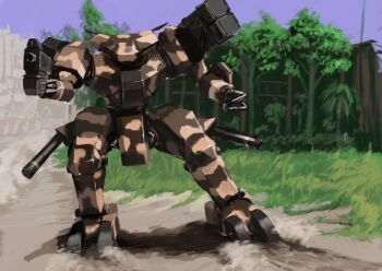 blue_sky camouflage forest front_mission gun highres holding holding_gun holding_weapon mecha mecha_focus missile_pod nature no_humans outdoors robot science_fiction sky tyokugekidato weapon woodland_camouflage