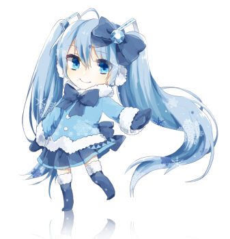 1girl blue_bow blue_coat blue_eyes blue_gemstone blue_hair blue_mittens blue_shoes blue_skirt bow closed_mouth coat commentary_request deformed full_body gem hair_between_eyes hair_bow hatsune_miku long_hair looking_at_viewer mittens moegi0926 pleated_skirt reflection shoes skirt smile snowflakes solo twintails very_long_hair vocaloid white_background yuki_miku yuki_miku_(2012)