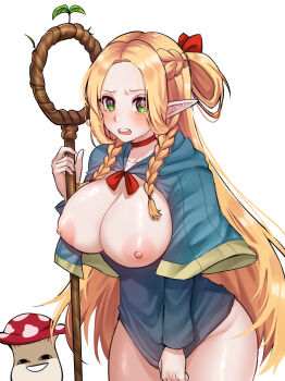 1girl absurdres anya&#039;s_heh_face_(meme) blonde_hair blue_capelet blue_dress blush bottomless braid breasts breasts_out capelet choker cleavage commentary cowboy_shot dress dress_tug dungeon_meshi elf embarrassed english_commentary furrowed_brow green_eyes groin hair_around_ear hair_ribbon half_up_braid half_updo hand_up highres holding holding_staff hood hood_down hooded_capelet large_breasts long_hair long_sleeves looking_at_viewer marcille_donato meme mushroom nezilaz nipples open_mouth parted_bangs pointy_ears red_ribbon ribbon short_dress side_braid sprout staff walking_mushroom_(dungeon_meshi)