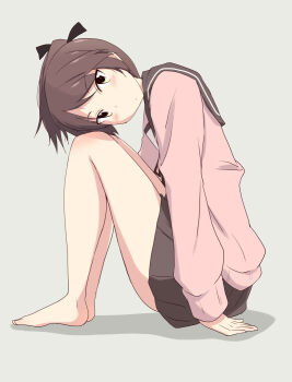 1girl barefoot black_bow blush bow brown_hair brown_neckerchief brown_sailor_collar brown_skirt cardigan commentary_request feet from_side full_body grey_background hair_bow kantai_collection knees_up kugui_kiyunemu looking_at_viewer neckerchief parted_bangs pink_cardigan pleated_skirt ponytail pout sailor_collar shadow shikinami_(kancolle) sidelocks simple_background sitting skirt solo turning_head variant_set yellow_eyes