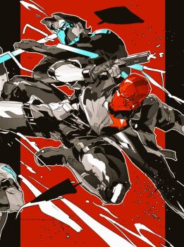 bat_signal batman_(series) batman_symbol black_bodysuit black_gloves black_hair bodysuit brothers brown_jacket dc_comics dick_grayson gloves grey_bodysuit guoba7777 jacket jason_todd male_focus mask multicolored_bodysuit multiple_boys muscular muscular_male nightwing open_clothes pants red_hood_(dc) red_mask short_hair siblings superhero_costume taut_bodysuit two-tone_bodysuit