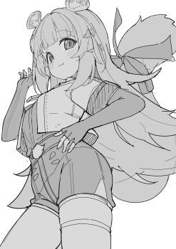 1girl :3 absurdres animal_ear_fluff animal_ears blush bow closed_mouth commentary_request elbow_gloves fang fang_out fingerless_gloves gloves greyscale hand_up highres jacket ju_fufu long_hair looking_at_viewer monochrome okota_mikan open_clothes open_jacket short_hair short_shorts shorts simple_background skindentation smile solo tail tail_bow tail_ornament very_long_hair white_background zenless_zone_zero