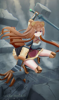 Rule 34 | 1girl, absurdres, animal ear fluff, animal ears, arm support, arm up, armor, armored boots, artist name, belt, black dress, boots, breastplate, breasts, brown belt, brown boots, brown dress, brown gloves, brown hair, closed mouth, commentary, dress, elbow gloves, expressionless, gloves, grey armor, grey boots, grey gloves, highres, holding, holding sword, holding weapon, katana, knee boots, layered dress, long hair, long sleeves, looking ahead, medium breasts, metal arm cuffs, metal wrist cuffs, mosakai art, multicolored boots, multicolored gloves, neck ribbon, pauldrons, raccoon ears, raccoon girl, raphtalia, red dress, red eyes, red ribbon, ribbon, rubble, short dress, shoulder armor, single pauldron, sleeveless, sleeveless dress, solo, straight hair, sword, tate no yuusha no nariagari, two-tone boots, two-tone dress, two-tone gloves, untranslatable commentary, vassal katana (tate no yuusha no nariagari), watermark, weapon, white dress