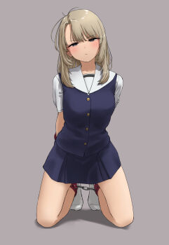 1girl arms_behind_back blonde_hair blush bound breasts collarbone cuffs dochi_(dosa_dosa_dosa) grey_eyes handcuffs highres kneeling medium_breasts original pleated_skirt restrained sailor_collar shackles skirt socks spread_legs vest white_socks