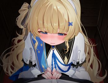 1boy 1girl blonde_hair blue_eyes blue_sash blush breasts commentary_request confessional fingernails hairband hand_on_another's_crotch highres indoors large_variant_set long_hair long_sleeves looking_at_crotch mako_(makoda) male_rover_(wuthering_waves) medium_breasts no_headwear nose_blush paid_reward_available parted_lips partial_commentary phoebe_(wuthering_waves) pov rover_(wuthering_waves) sash shirt skirt solo_focus variant_set very_long_hair white_hairband white_shirt white_skirt wuthering_waves