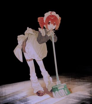 1girl ahoge apron bent_over black_background black_dress black_shoes broom closed_mouth commentary_request dress drill_hair full_body highres holding holding_broom kasane_teto kirin1143410 leaning_on_broom leg_warmers long_sleeves maid maid_headdress o-ring o-ring_thigh_strap red_eyes red_hair shoes short_hair smile solo standing thigh_strap twin_drills utau white_apron white_leg_warmers