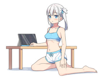 1girl bare_shoulders breasts computer crop_top hatsunatsu laptop long_hair navel original short_shorts shorts sitting small_breasts white_hair