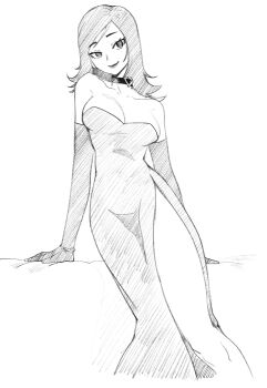 1girl absurdres amano_maya bare_shoulders breasts cleavage closed_mouth collar commentary dress english_commentary gloves greyscale highres large_breasts long_hair monochrome persona persona_2 smile solo wanderjegson