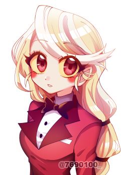 1girl absurdres arms_at_sides black_bow black_bowtie blonde_hair bloom bow bowtie breasts buttons charlie_morningstar circle_facial_mark commentary_request from_above hazbin_hotel hellaverse highres jacket long_hair long_sleeves looking_at_viewer low-tied_long_hair menattou parted_lips pointy_ears red_eyes red_jacket shirt simple_background small_breasts solo swept_bangs tareme traditional_bowtie turtleneck turtleneck_shirt twitter_username upper_body white_background white_shirt