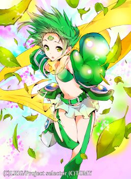 1girl belt breasts copyright_notice gloves green_belt green_eyes green_garter_straps green_gloves green_hair green_leg_warmers green_skirt highres ichizen_(o_tori) leg_warmers midoriko_(wixoss) official_art open_mouth skirt small_breasts solo spiked_hair wixoss