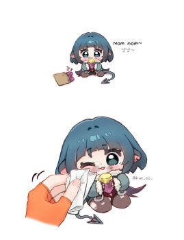 2girls :3 ;d animal_ears belle_(zenless_zone_zero) black_gloves black_shorts blunt_bangs blush brown_thighhighs chibi cleaning closed_mouth commentary dirty eating fingerless_gloves food gloves green_hair highres holding holding_food hue_oo jane_doe_(zenless_zone_zero) mouse_ears mouse_girl mouse_tail multiple_girls one_eye_closed open_mouth orange_gloves roasted_sweet_potato short_hair shorts simple_background sitting smile sweet_potato symbol-only_commentary tail thighhighs torn_clothes torn_thighhighs white_background zenless_zone_zero