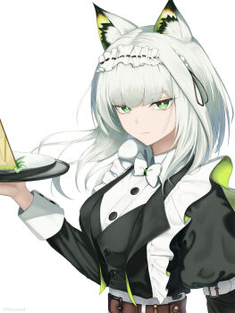 1girl animal_ear_fluff animal_ears arknights belt belt_buckle black_vest bow bowtie bright_pupils brown_belt buckle buttons closed_mouth collared_shirt commentary frills green_eyes grey_hair highres holding holding_tray juliet_sleeves kal'tsit_(arknights) long_hair long_sleeves looking_at_viewer maid muwon official_alternate_costume puffy_sleeves shirt simple_background solo traditional_bowtie tray twitter_username upper_body vest white_background white_belt white_bow white_bowtie white_pupils white_shirt
