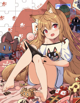 Rule 34 | 1girl, amiya (arknights), animal ear fluff, animal ears, arknights, bedroom, black panties, blouse, blush, box, breasts, brown hair, candy, ceobe (arknights), chocolate, chocolate bar, collarbone, doctor (arknights), food, full body, hair between eyes, head tilt, highres, indoors, kotoba (1074421015), long hair, looking at viewer, off shoulder, open mouth, panties, panty pull, red eyes, shirt, sitting, small breasts, solo, stuffed animal, stuffed rabbit, stuffed toy, tagme, translation request, underwear, very long hair, white shirt