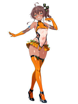 1girl absurdres blue_eyes breasts brown_hair cameltoe commentary_request fishnet_leotard fishnets full_body grin hair_between_eyes hair_ribbon halterneck high_heels highres hololive leotard naguanan natsuiro_matsuri ribbon shoes showgirl_skirt side_ponytail small_breasts smile solo standing taimanin_suit tan thighhighs underboob virtual_youtuber