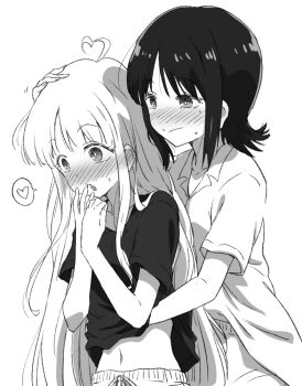 Rule 34 | 2girls, ahoge, blush, cho kaguya-hime!, clothes lift, collarbone, commentary request, greyscale, hand on another's head, hand under clothes, hand under shirt, heart, heart ahoge, kaguya (cho kaguya-hime!), long hair, medium hair, midriff, mole, mole under eye, monochrome, mukaibi aoi, multiple girls, navel, open mouth, sakayori iroha, shirt, shirt lift, short sleeves, small sweatdrop, smile, spoken heart, upper body, very long hair, white background, yuri