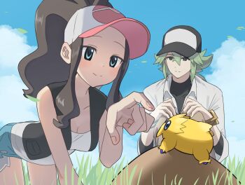 1boy 1girl asamaru1225 baseball_cap black_vest breasts brown_hair cleavage closed_mouth cloud commentary_request day exposed_pocket falling_leaves gen_5_pokemon grass hat highres hilda_(pokemon) joltik leaf long_hair n_(pokemon) nintendo open_clothes open_vest outdoors pokemon pokemon_(creature) pokemon_black_and_white shirt shorts sidelocks sky sleeveless sleeveless_shirt smile split_mouth vest white_shirt
