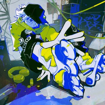 1boy aamond black_pants blue_eyes hat jacket pants skates spray_can white_hair yellow_jacket yellow_nails