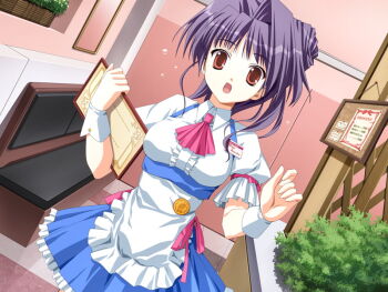 1girl doko_e_iku_no_ano_hi game_cg kanno_touko menu_board mogi_kazuha name_tag non-web_source open_mouth purple_hair red_eyes ribbon_trim side_ponytail skirt surprised waitress
