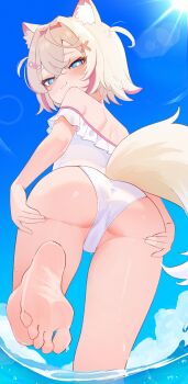 1girl :3 absurdres animal_ear_fluff animal_ears ass bandaid bandaid_hair_ornament bare_shoulders barefoot blonde_hair blue_eyes blue_hair blue_sky blush casual_one-piece_swimsuit closed_mouth cloud crossed_bangs day double-parted_bangs feet foot_focus foot_out_of_frame foreshortening frilled_one-piece_swimsuit frills from_behind hair_between_eyes hair_ornament hairband hairclip highres hololive legs loli looking_at_viewer looking_back milk_tea_1993 mococo_abyssgard multicolored_hair one-piece_swimsuit outdoors pink_hair pink_hairband short_hair sky smile soles solo standing streaked_hair swimsuit tail toes two_side_up virtual_youtuber wading water wet white_one-piece_swimsuit wolf_ears wolf_girl wolf_tail x_hair_ornament