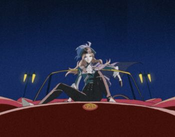 1girl 3shine_02 ascot augustus_(path_to_nowhere) black_gloves black_pants blonde_hair blue_eyes car commentary_request film_grain floating_cape full_body gloves green_hat green_jacket half_gloves hat hat_ornament high-waist_pants highres jacket kepi lamppost military_hat motor_vehicle night night_sky on_car open_car_hood pants path_to_nowhere red_car scene_reference shoujo_kakumei_utena side_cape sitting sky solo spread_legs straight-on three-quarter_sleeves white_ascot windshield