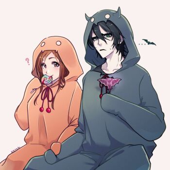 1boy 1girl ? artist_name bat_(animal) black_hair bleach breasts brown_eyes brown_hair candy couple food furrowed_brow green_eyes hair_between_eyes halloween hetero highres holding holding_candy holding_food holding_hands holding_lollipop hood hood_up inoue_orihime keitoz lollipop looking_at_another medium_breasts onesie sitting smile sweatdrop ulquiorra_cifer