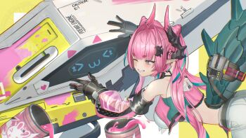 Rule 34 | 1girl, arknights, arknights: endfield, bare shoulders, black gloves, commentary request, crop top, detached sleeves, dragon girl, dragon horns, dragon tail, emoticon, gloves, hair intakes, horns, kaomoji, long hair, multicolored gloves, multicolored hair, non-humanoid robot, one eye closed, pink hair, pointy ears, robot, shinhima, streaked hair, tail, tata (arknights), two-tone gloves, yvonne (arknights)