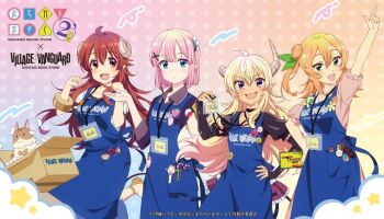 Rule 34 | 4girls, apron, blonde hair, blue apron, blue eyes, box, cat, chiyoda momo, commentary request, demon horns, fang, green eyes, hair bun, hand on own hip, hinatsuki mikan, horns, in box, in container, lilith (machikado mazoku), lilith (true form) (machikado mazoku), machikado mazoku, metako (machikado mazoku), multiple girls, official art, orange hair, pink hair, pointy ears, purple eyes, red eyes, red hair, single hair bun, skin fang, tamasakura-chan, village vanguard, yoshida yuuko