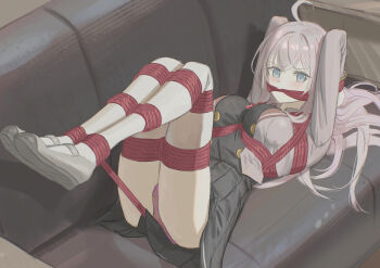 1girl absurdres alisa_mikhailovna_kujou bdsm black_skirt blue_eyes blush bondage bound bound_arms bound_legs bound_wrists bow breast_bondage cailin020 cleave_gag cloth_gag full_body gag gagged highres improvised_gag long_sleeves red_rope rope school_uniform shibari shibari_over_clothes skirt socks tokidoki_bosotto_roshia-go_de_dereru_tonari_no_alya-san white_hair