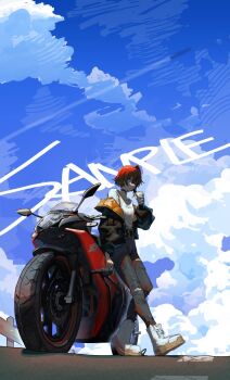 1girl ange_katrina ange_katrina_(5th_costume) ankle_boots black_choker black_jacket blue_eyes blue_sky boots check_vehicle choker cloud commentary commission contrail cup day denim disposable_cup drinking drinking_straw english_commentary full_body grey_pants hair_between_eyes hand_up highres holding holding_cup jacket jeans leaning_against_motorcycle long_sleeves looking_ahead motor_vehicle motorcycle nijisanji off_shoulder open_clothes open_jacket orange_jacket outdoors pants puffy_long_sleeves puffy_sleeves red_hair sample_watermark shirt shirt_tucked_in short_hair single_hair_intake sky solo suzuki_gsx-r torn_clothes torn_jeans torn_pants two-sided_fabric two-sided_jacket vehicle_request virtual_youtuber watermark white_boots white_shirt zxjv