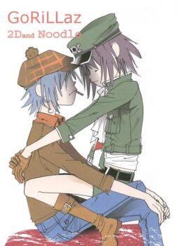 1boy 1girl 2d_(gorillaz) blue_hair gorillaz hat image_sample noodle_(gorillaz) pixiv_sample purple_hair resized simple_background white_background